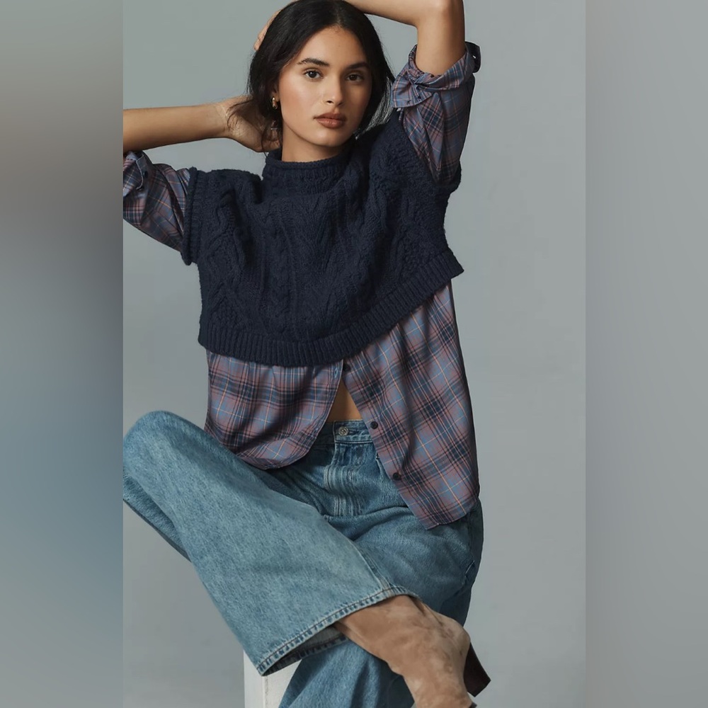 ❌SOLD❌Maeve Navy Cable Knit Sweater with Plaid Shirt